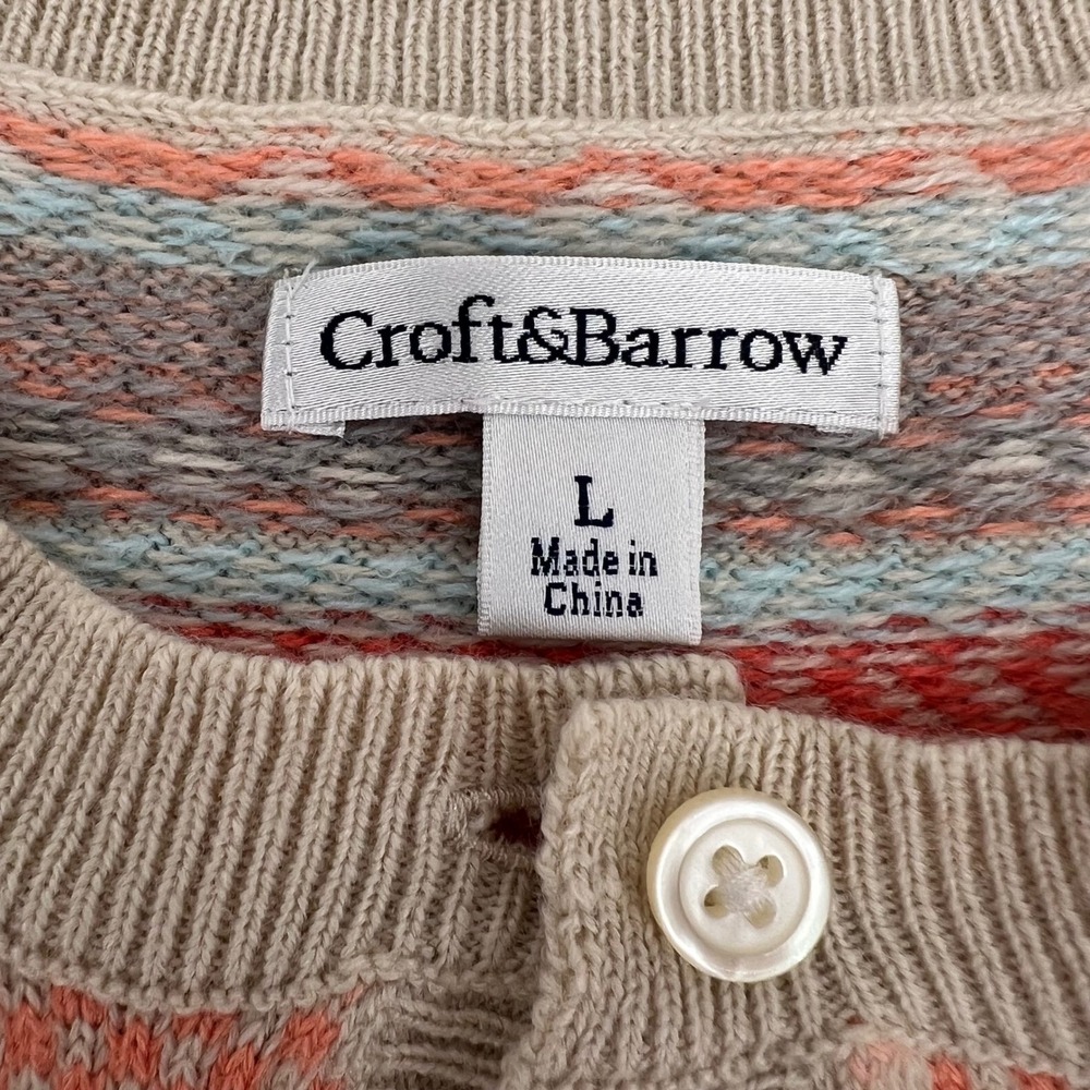 Croft & Barrow Womens Fair Isle Button Front Cardigan Sweater Coral Blue Large - Picture 2 of 7